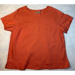FLAX Womens 100% Linen Short Sleeve Blouse Coral Orange Round Neck Top Large